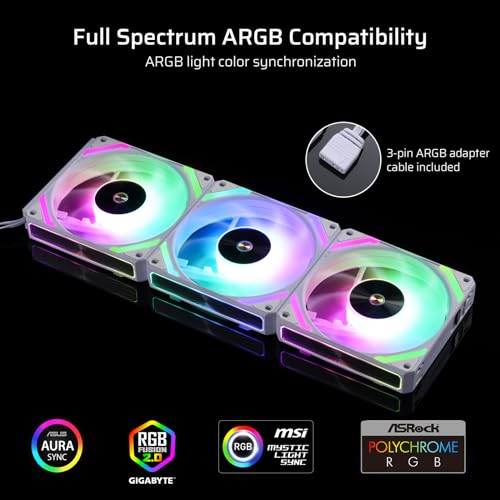 LTC CF-121D 120mm PC Case Fan, Daisy-Chain Connection, 5V 3Pin ARGB Lighting, 4 Pin PWM Case Fan, for Radiator/Computer Case Cooling, 120x120x25mm, 3 Pack, White - Image 3