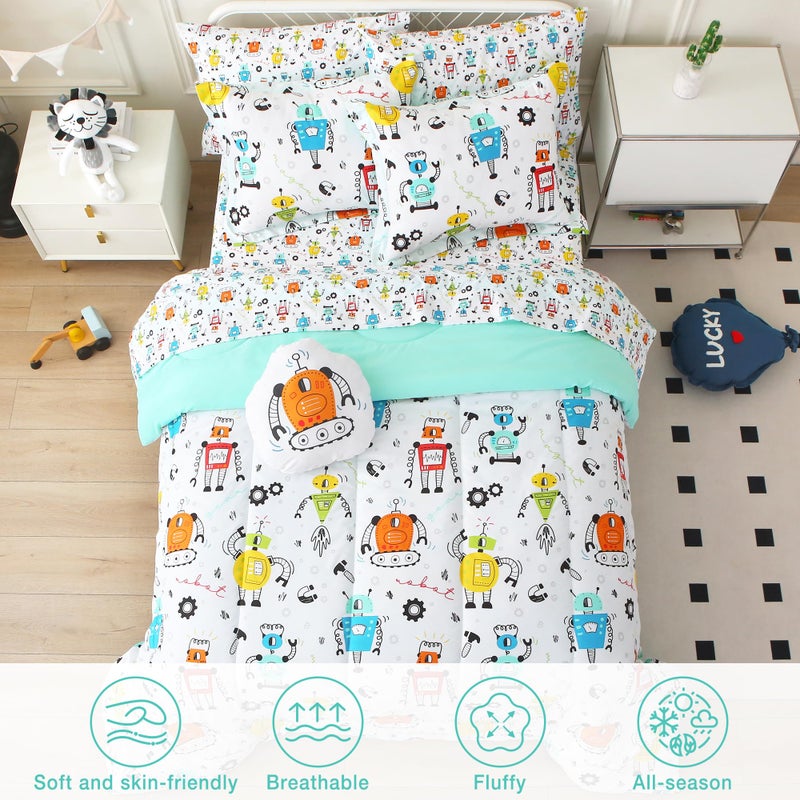 Mooreeke Full Size Comforter Sets for Boys Kids, 8 Pieces Bed in a Bag White Robot Bedding Comforter Sheet Set with Shams and Decorative Toy Pillow, Ultral Soft Microfiber Kids Bed Set - Image 5