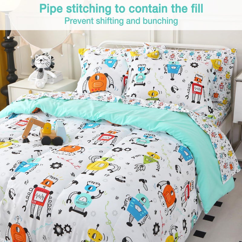 Mooreeke Full Size Comforter Sets for Boys Kids, 8 Pieces Bed in a Bag White Robot Bedding Comforter Sheet Set with Shams and Decorative Toy Pillow, Ultral Soft Microfiber Kids Bed Set - Image 2