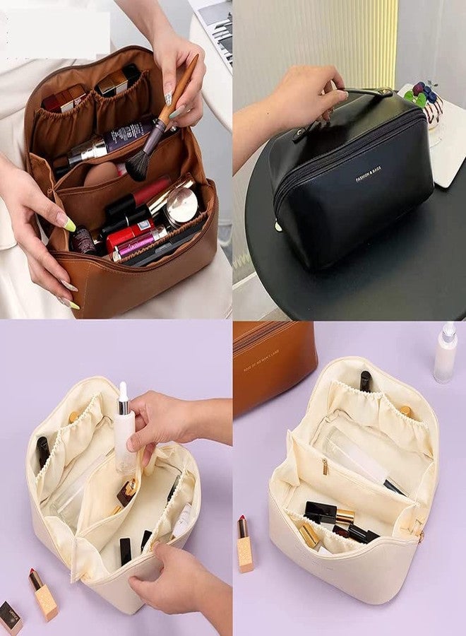 LOZOX Large Capacity Travel Cosmetic Bag, Multifunctional Makeup Bag, Waterproof Portable Flat Open PU Leather Toiletry Organizer Bag with Dividers and Handle for Women Girls-1 PC (Brown) - Image 5