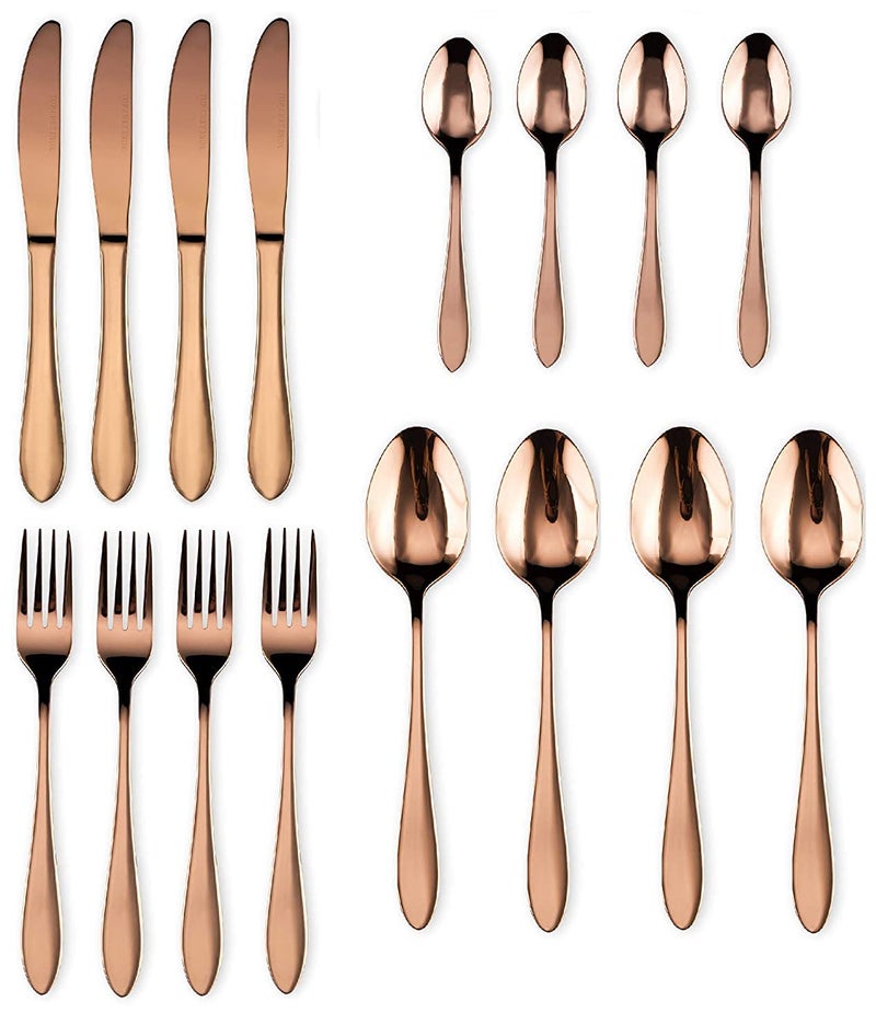 ZEBROC 16 Piece Titanium Rose Gold Plated Stainless Steel Cutlery Set,Mirror Finish Copper Color Flatware Set, [Dinner Fork-Tea Spoon-Salad Spoon-Knife] (Set of 16) - Image 1
