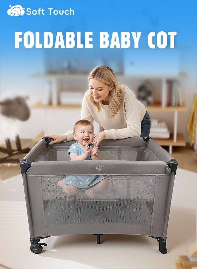 Soft Touch 2 In 1 Baby Crib, Portable Toddler Playard, Foldable Baby Cot Travel Crib, Featuring Breathable Mesh Sides, Nursery Center for Infant with Carry Bag (Grey) - Image 2