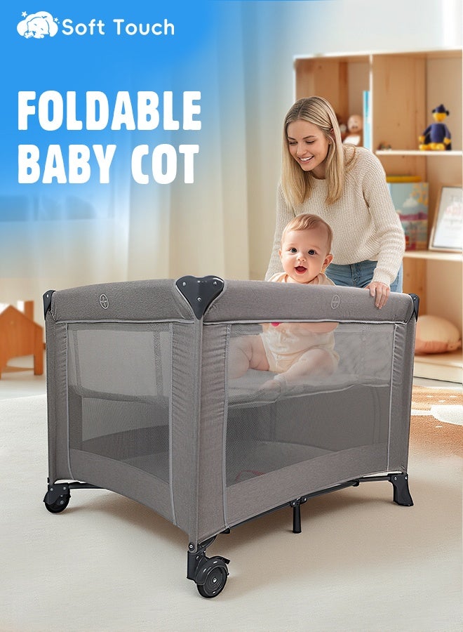 Soft Touch 2 In 1 Baby Crib, Portable Toddler Playard, Foldable Baby Cot Travel Crib, Featuring Breathable Mesh Sides, Nursery Center for Infant with Carry Bag (Grey) - Image 1