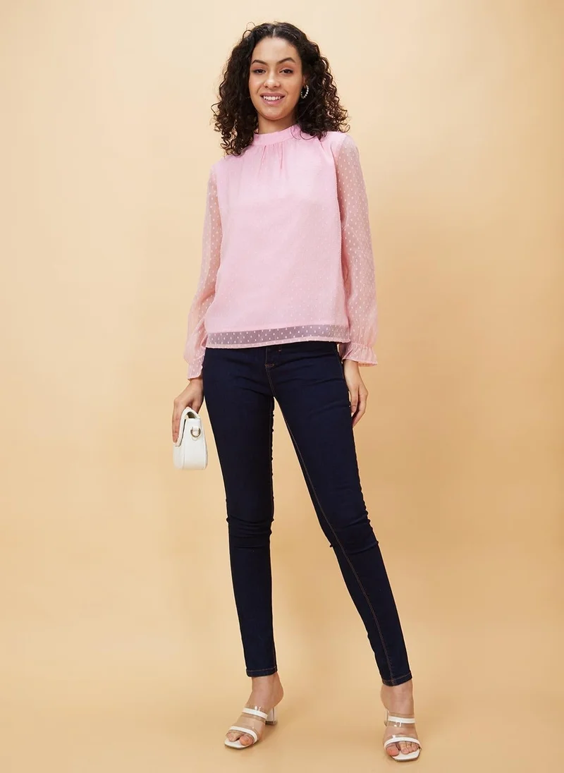 globus Globus Women Pink Self Designed High Neck Gathered Detailed Regular Top