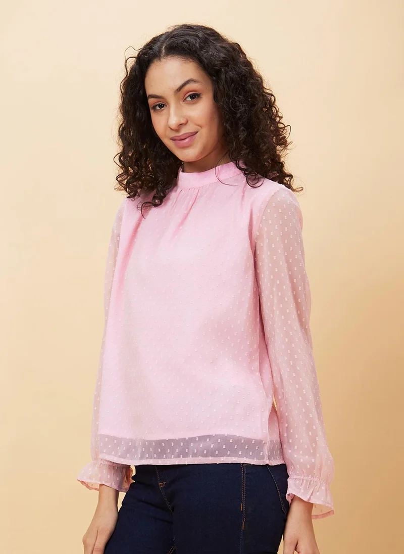 globus Globus Women Pink Self Designed High Neck Gathered Detailed Regular Top
