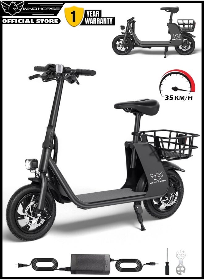 Wind Horse - Premium Foldable Electric Scooter with Seat and Rear Basket, 450W Motor, 36V 8AH Battery, 25-35 KM/h Speed, Carbon Alloy Frame, 12.5 Inches Tires, Disk Brakes, Unisex Comfortable E-Scooter for Adults - Image 1