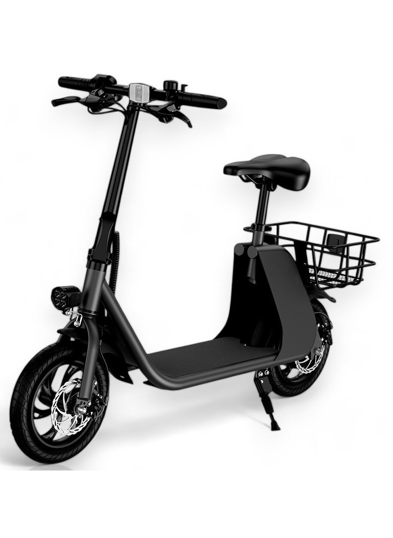 Wind Horse - Premium Foldable Electric Scooter with Seat and Rear Basket, 450W Motor, 36V 8AH Battery, 25-35 KM/h Speed, Carbon Alloy Frame, 12.5 Inches Tires, Disk Brakes, Unisex Comfortable E-Scooter for Adults - Image 1