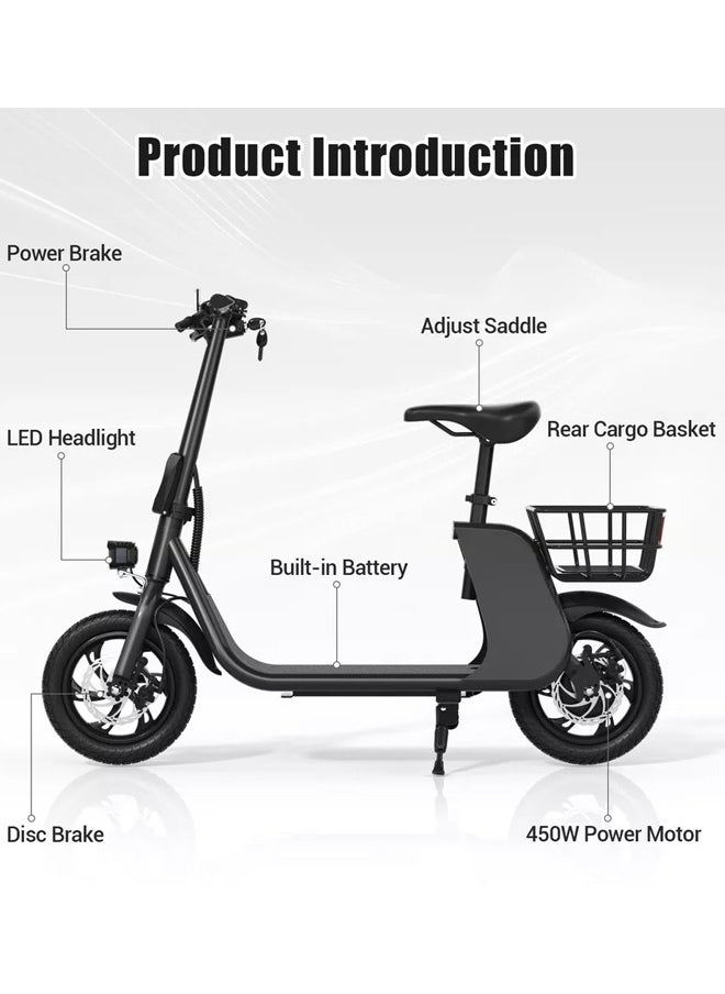 Wind Horse - Premium Foldable Electric Scooter with Seat and Rear Basket, 450W Motor, 36V 8AH Battery, 25-35 KM/h Speed, Carbon Alloy Frame, 12.5 Inches Tires, Disk Brakes, Unisex Comfortable E-Scooter for Adults - Image 1