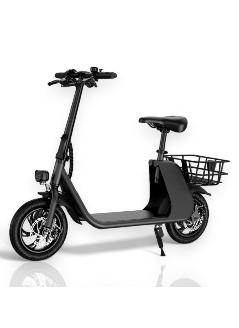 Wind Horse - Premium Foldable Electric Scooter with Seat and Rear Basket, 450W Motor, 36V 8AH Battery, 25-35 KM/h Speed, Carbon Alloy Frame, 12.5 Inches Tires, Disk Brakes, Unisex Comfortable E-Scooter for Adults - Image 1