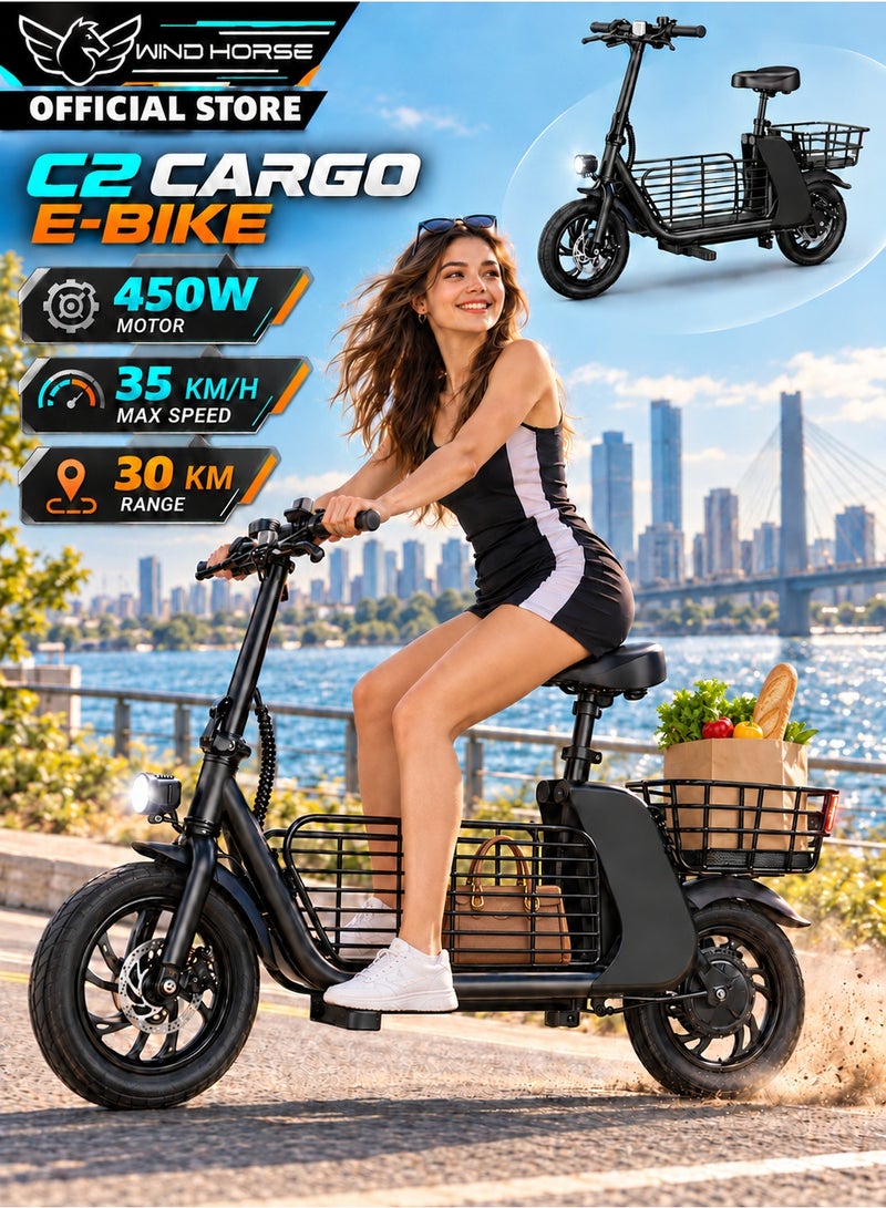حصان الريح دراجة كهربائية C2 Cargo بمحرك 450 واط، وسرعة 35 كم/ساعة، وبطارية 36 فولت 8 أمبير/ساعة، ومدى 25–30 كم، وإطار من سبائك الألومنيوم، ومكابح قرصية مزدوجة، وسلال تخزين أمامية وخلفية كبيرة، وإطارات مقاس 12 بوصة – للتنقل اليومي والرحلات داخل المدينة - Image 1
