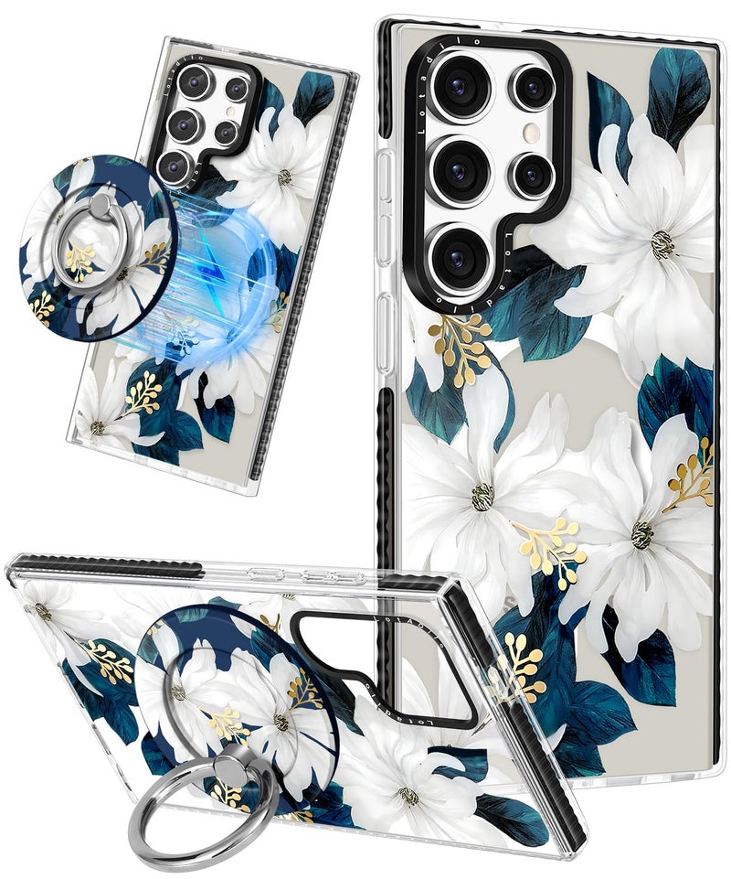 Lotadilo Cute Case for Samsung Galaxy S25 Ultra for Women Girls - Funny Blue Flower Design Compatible with Magsafe Magnetic Ring Holder Kickstand Fashion TPU Phone Covers - Image 1