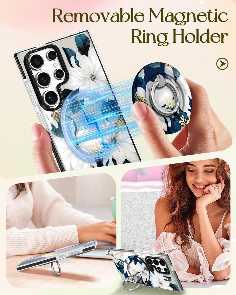 Lotadilo Cute Case for Samsung Galaxy S25 Ultra for Women Girls - Funny Blue Flower Design Compatible with Magsafe Magnetic Ring Holder Kickstand Fashion TPU Phone Covers - Image 4