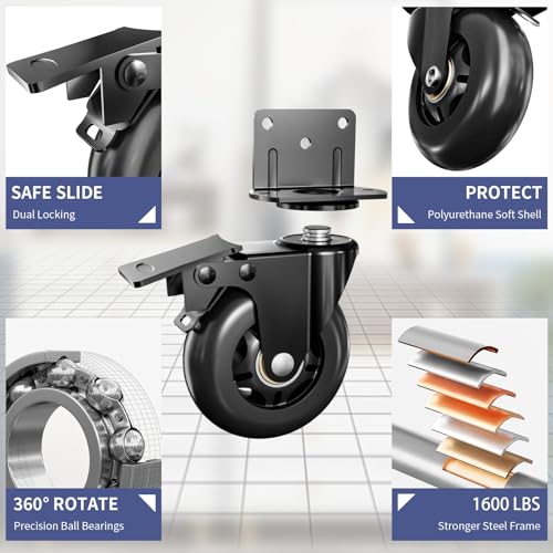 Apllamo Side Mount Plate Caster Wheels - Thickened L-Shaped Mounting ，Heavy Duty 1600 LBS，Set of 4 with Brake，360° Swivel，Locking，Castor Wheels for Furniture，Carts，Cabinet，Table (Black, 4inchs) - Image 3