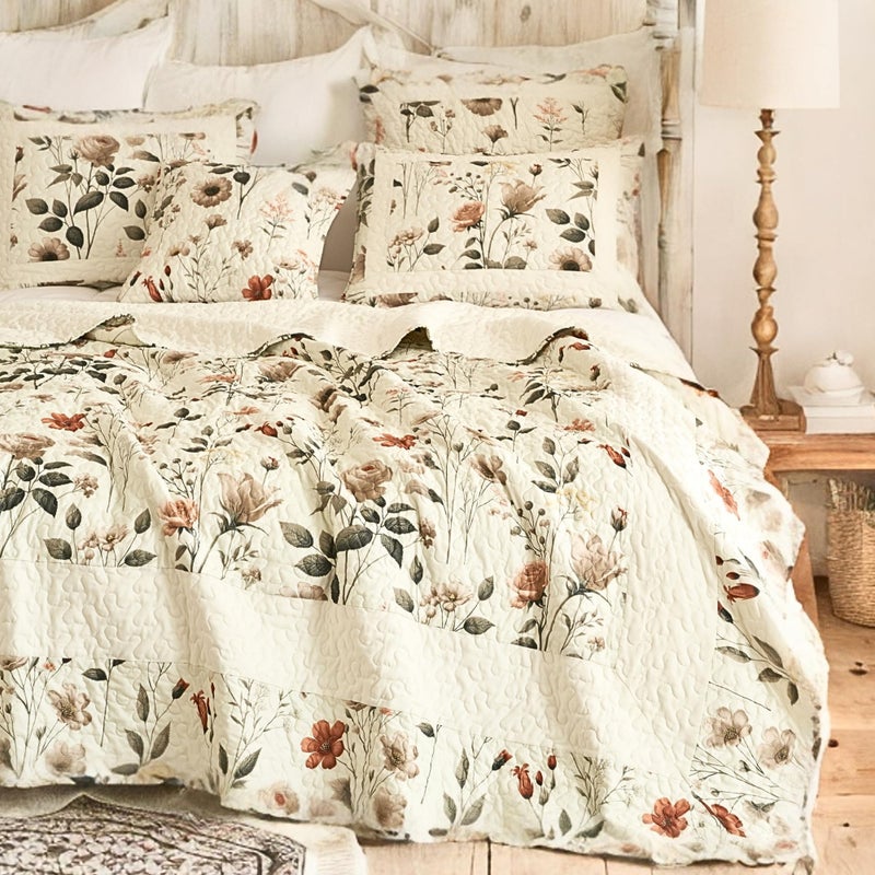DaDa Bedding Collection DaDalogy Enchanted Meadow Quilt Set - Victoria Garden Delicate Floral Symphony in Beige, Rose, and Soft Green, Luxuriously Soft Quilted Bedspread Set (Twin Size) - Image 1
