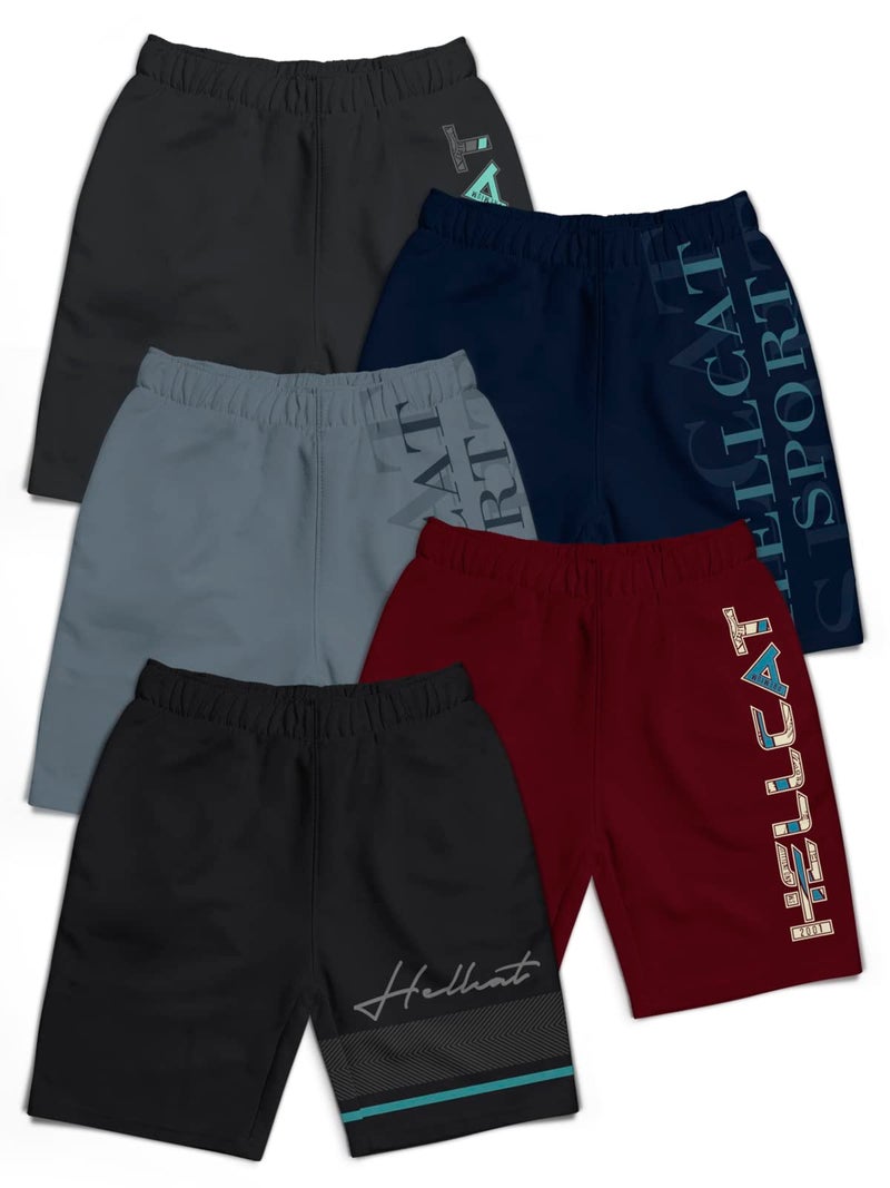 HELLCAT Pack of 5 Trendy Typographic Printed Mid Rise Shorts for Boys - Black/Burgundy/Dark Grey/Navy Blue/Grey / 11-12 Years - Image 1