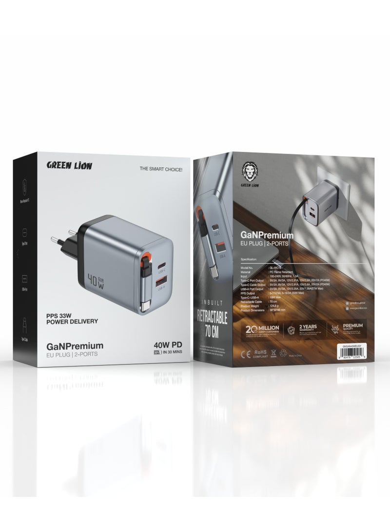 GREEN LION GaN Premium 40W Adapter EU Plug with 2 Ports & 70cm Built-in Type-C Retractable Cable / 50% in 30 Minutes / PPS 33W Power Delivery / Flame Retardant PC / Universal Compatibility / Exquisite Appearance - Grey - Image 2