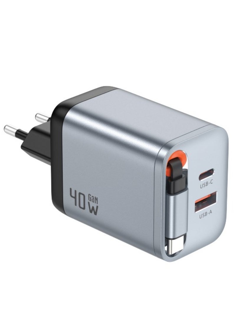GREEN LION GaN Premium 40W Adapter EU Plug with 2 Ports & 70cm Built-in Type-C Retractable Cable / 50% in 30 Minutes / PPS 33W Power Delivery / Flame Retardant PC / Universal Compatibility / Exquisite Appearance - Grey - Image 1