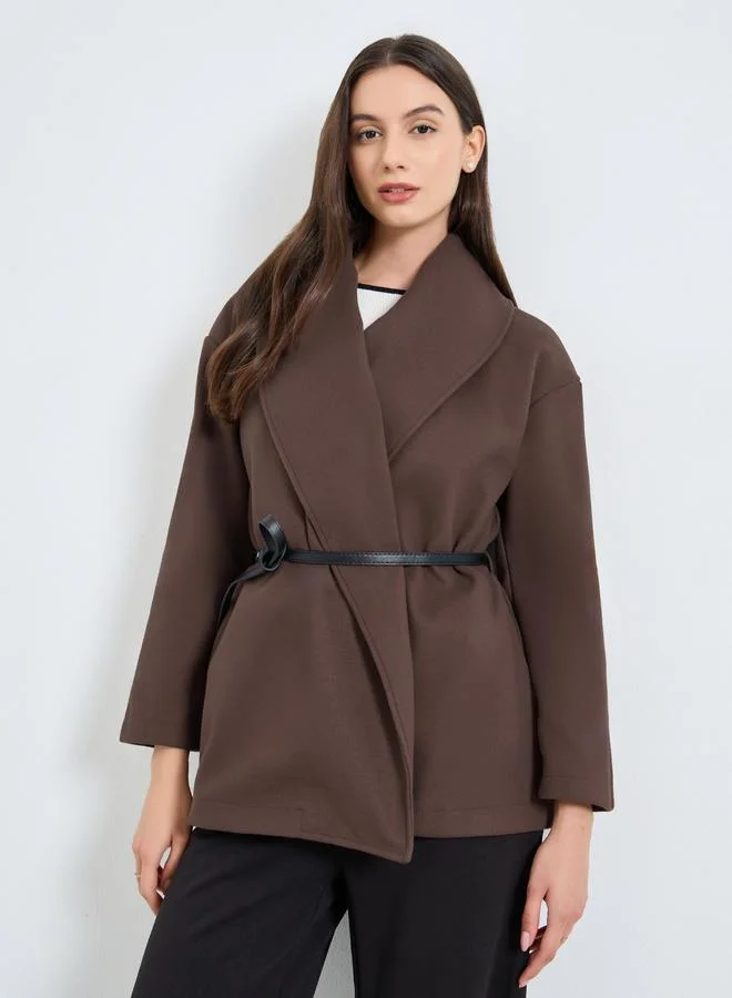 Take Two Brown Wool Like Belted Wrap Coat