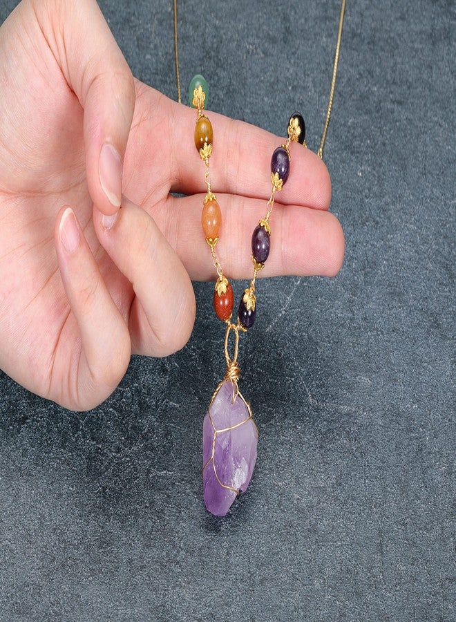 Jovivi Healing Stone Necklaces 7 Chakra Beads Necklace for Women Adjustable 14K Gold Plated Wire Wrapped Raw Amethyst Crystal Pendant Necklace Gemstone Jewelry Mothers Day Gift - Image 2