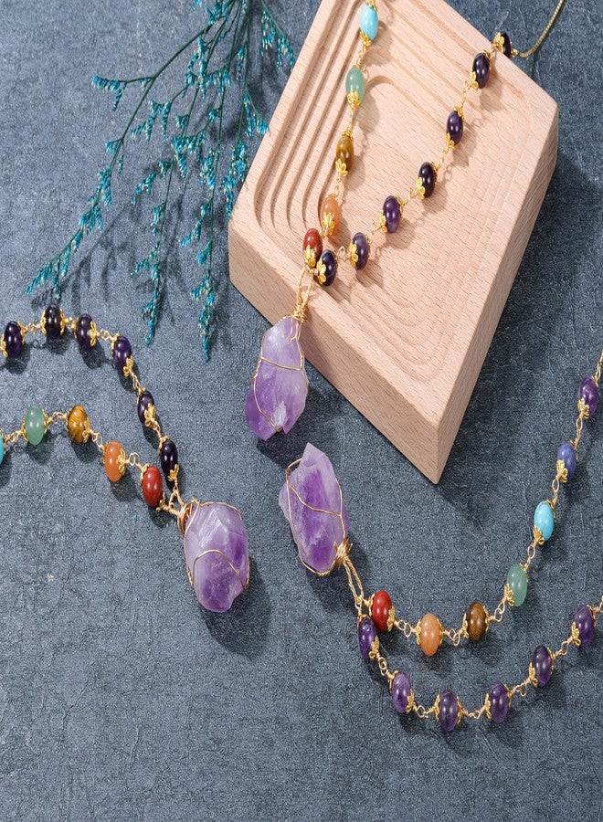 Jovivi Healing Stone Necklaces 7 Chakra Beads Necklace for Women Adjustable 14K Gold Plated Wire Wrapped Raw Amethyst Crystal Pendant Necklace Gemstone Jewelry Mothers Day Gift - Image 3