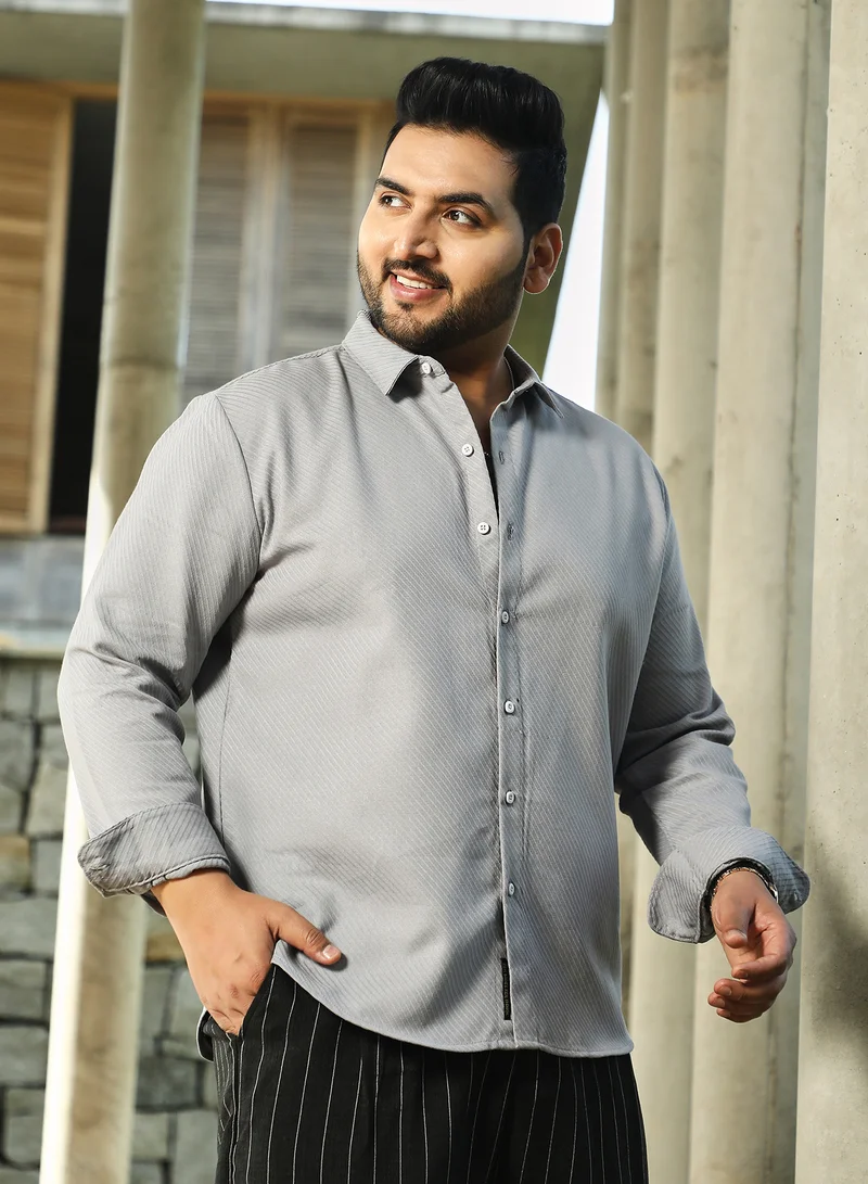 Instafab Plus Instafab Plus Men's Coin Grey Slanted-Trough Shirt For Casual Wear | Spread Collar | Long Cuffed Sleeves | Button Closure | Plus Size Shirt Crafted With Comfort Fit For Everyday Wear