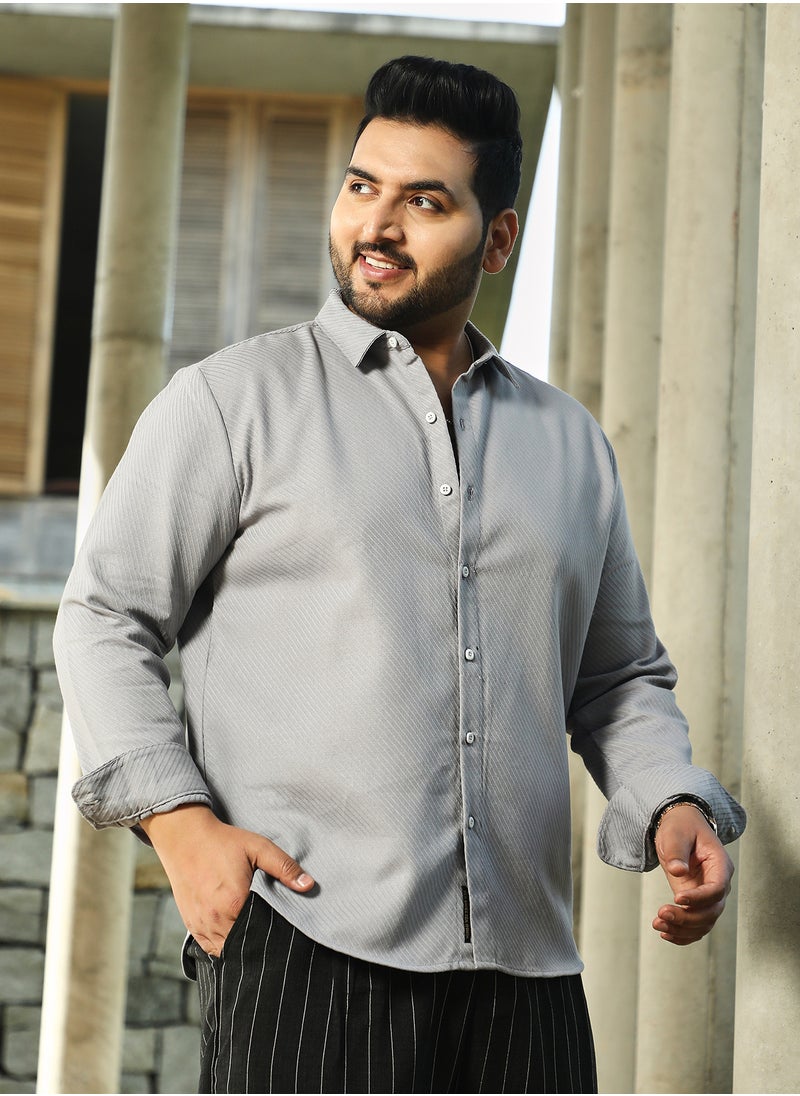 Instafab Plus Instafab Plus Men's Coin Grey Slanted-Trough Shirt For Casual Wear | Spread Collar | Long Cuffed Sleeves | Button Closure | Plus Size Shirt Crafted With Comfort Fit For Everyday Wear  - Image 3