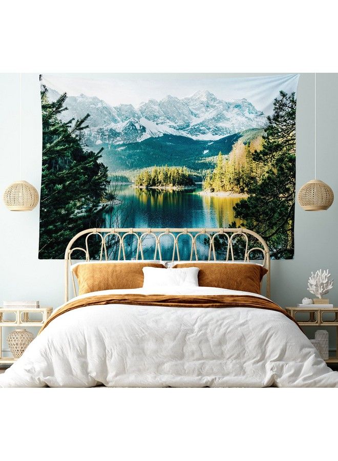 Ambesonne Landscape Tapestry Mountain Lake In Northern Germany Frozen Peaks Water Winter Season Life Wide Wall Hanging For Bedroom Living Room Dorm 80" X 60" Green White - Image 1