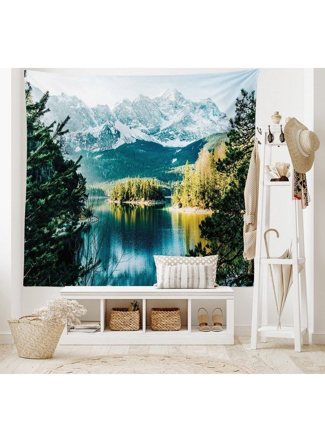 Ambesonne Landscape Tapestry Mountain Lake In Northern Germany Frozen Peaks Water Winter Season Life Wide Wall Hanging For Bedroom Living Room Dorm 80" X 60" Green White - Image 3
