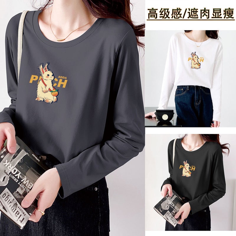 White Long-Sleeved T-Shirt Women'S 2023 New Cotton Loose Stacked-Up Base Shirt With Round Neck Loose Trendy - Image 2