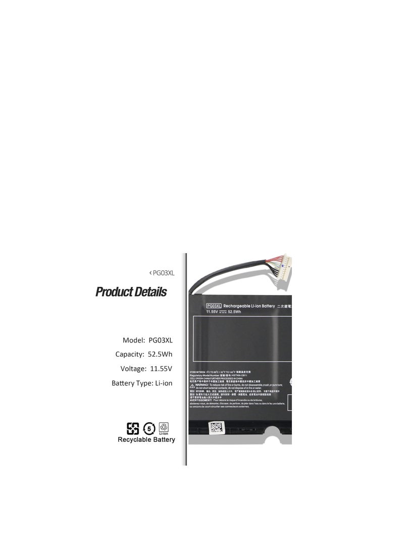 Terabyte بطارية لابتوب بديلة HP PG03XL 52.5WH HSTNN-DB9G لجهاز HP Pavilion Gaming 15-DK 15-dk0000 15-DK0125TX OMEN 5X FPC52 Series HSTNN-OB1I L48430-AC1 L48495-005 L48430-2C1 11.55V 4323mAh. - Image 2