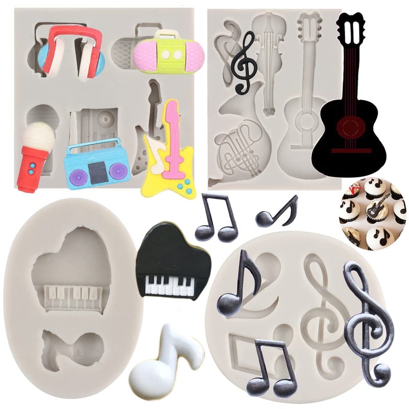 Sijiangmold Music Note Silicone Mold Instrument Fondant Molds Boombox Microphone Radio Guitar Mold Piano Candy Mold For Cake Decorating Chocolate Gum Paste Set Of 4 - Image 1
