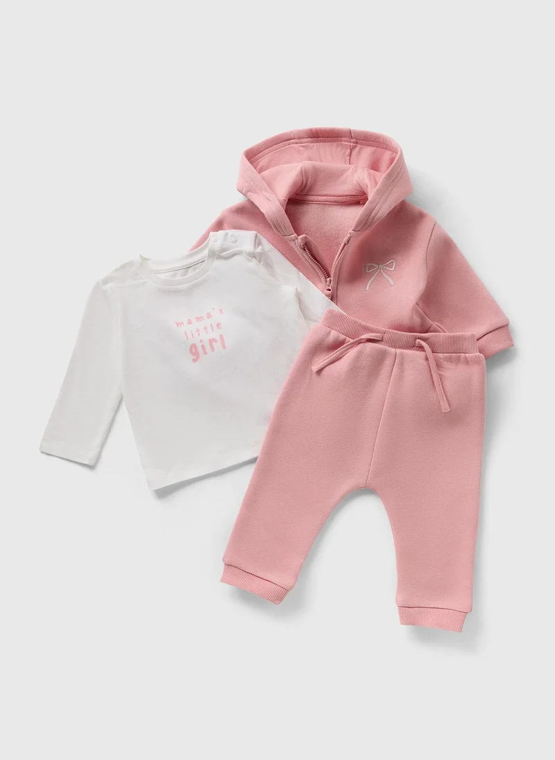 Matalan 3 Piece Baby Pink Bow Hooodie & Jogging Bottom Set