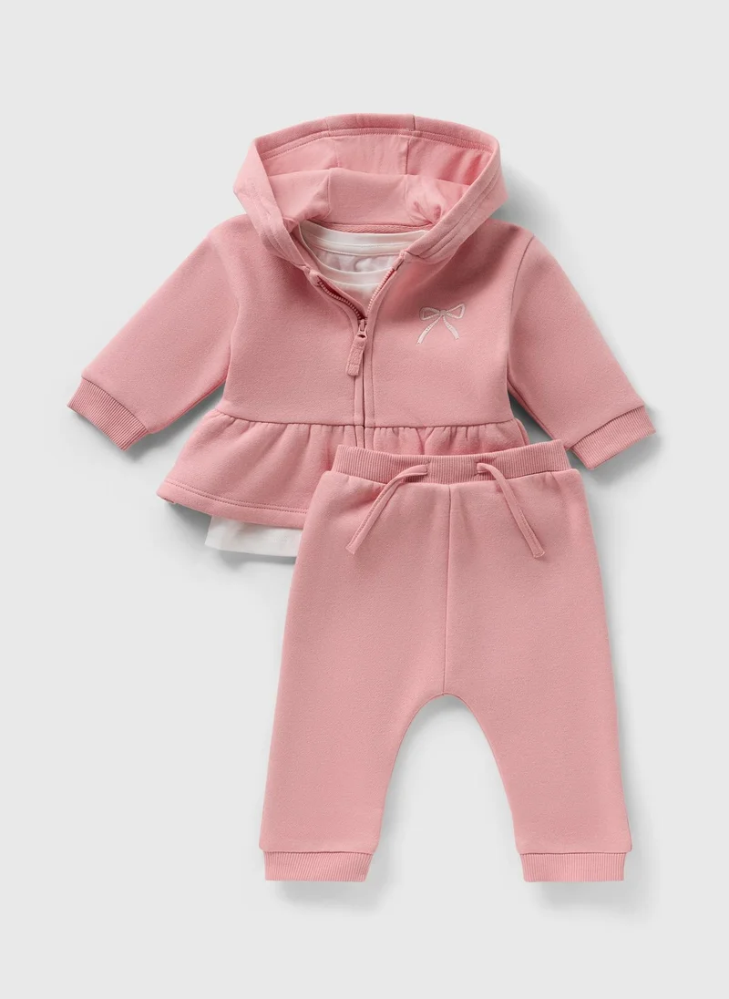 Matalan 3 Piece Baby Pink Bow Hooodie & Jogging Bottom Set