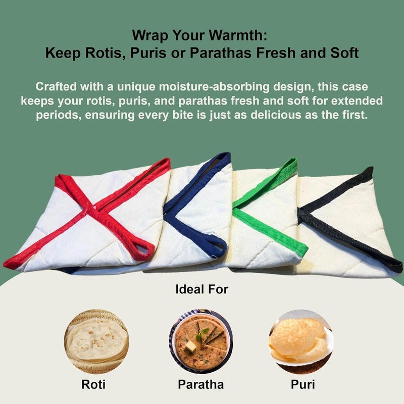 Blendmix 4 Square Roti Chapati Cover Cotton Hygienic Roti Clothes Cotton Tortilla and Breads Covering Cloth For Warmer cover/Roti Rumals Cover/Chapati Cover/Traditional Roti Napkin - Image 3