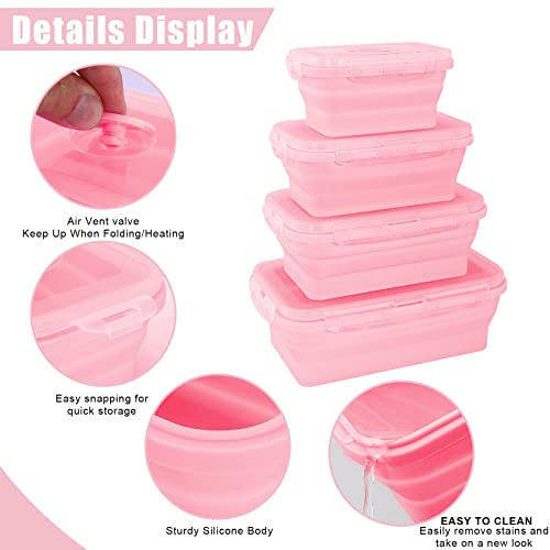 Loccmat Collapsible Silicone Food Storage Containers with Lids,Set of 4 Silicone Lunch Box Containers,Foldable Meal Prep Container for Kitchen,Microwave & Dishwasher & Freezer Safe,BPA Free(Square Pink,4PCS) - Image 3