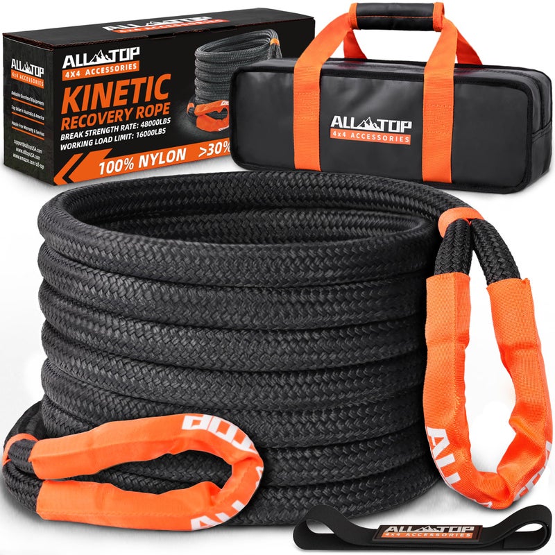 حبل الاسترداد الحركي ALLTOP 48000 رطل 1 بوصة × 30 قدم ثقيل 30 مرونة 16000 رطل حد تحميل العمل لمركبة 4x4 خارج الطريق