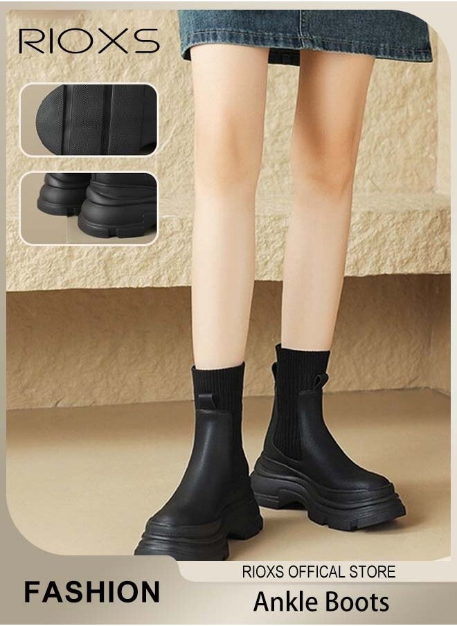 RIOXS Women's Classic Chelsea Boots, Knitted Round-toe Pull-On Lug Ankle Boots with Comfortable Jersey Fabric Lining and Soft Soles, Ladies High-quality Fashion Ankle Booties, Versatile Enough to Suit Various Occasions  - Image 1