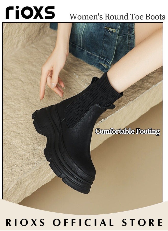 RIOXS Women's Classic Chelsea Boots, Knitted Round-toe Pull-On Lug Ankle Boots with Comfortable Jersey Fabric Lining and Soft Soles, Ladies High-quality Fashion Ankle Booties, Versatile Enough to Suit Various Occasions  - Image 5