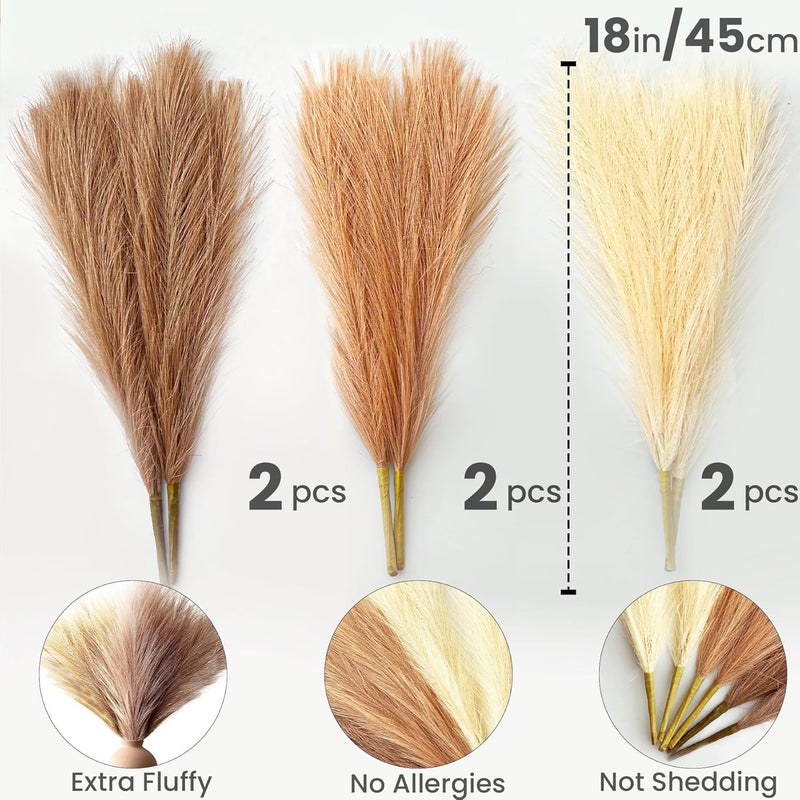 EVODIS Pampas Grass Decor, Fluffy Faux Pampas Grass 6 Stem 18"/45cm Pompous Grass Small Flower Arrangement and Vase Filler for Boho Home Wedding Decoration - Image 3
