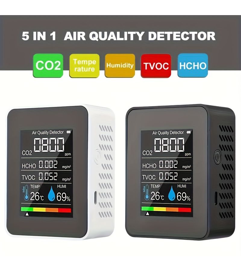Black Portable Five In One Air Quality Monitor CO2 Temp Humidity TVOC HCHO Alarm - Image 4