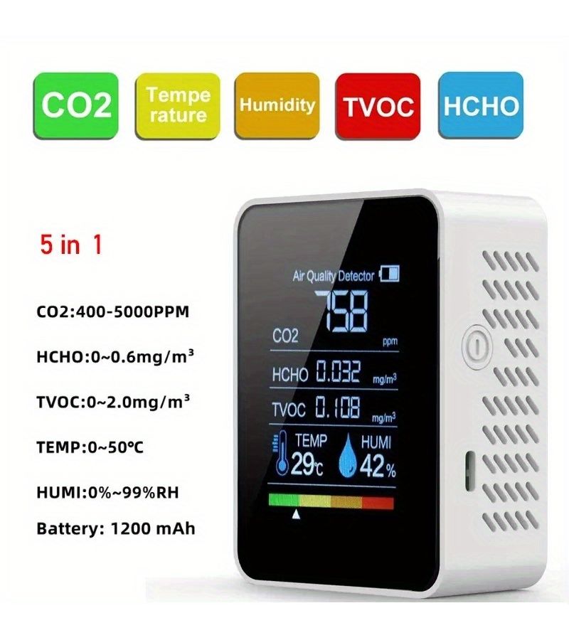 Black Portable Five In One Air Quality Monitor CO2 Temp Humidity TVOC HCHO Alarm - Image 1