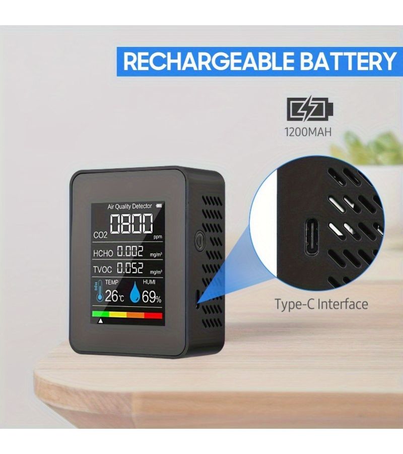 Black Portable Five In One Air Quality Monitor CO2 Temp Humidity TVOC HCHO Alarm - Image 2