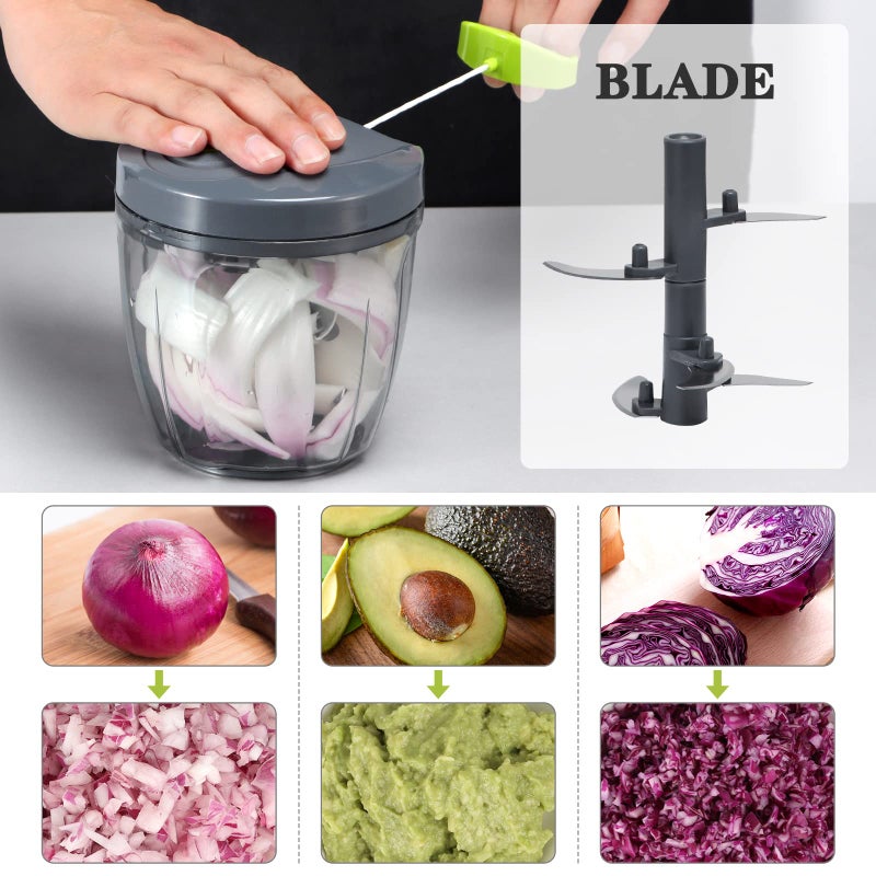Cambom Manual Food Chopper Vegetable Cutter, Hand String Vegetable Chopper Onions Cutter for Vegetable Fruits Nuts BPA Free Food Safe Material, 900ml Grey - Image 3