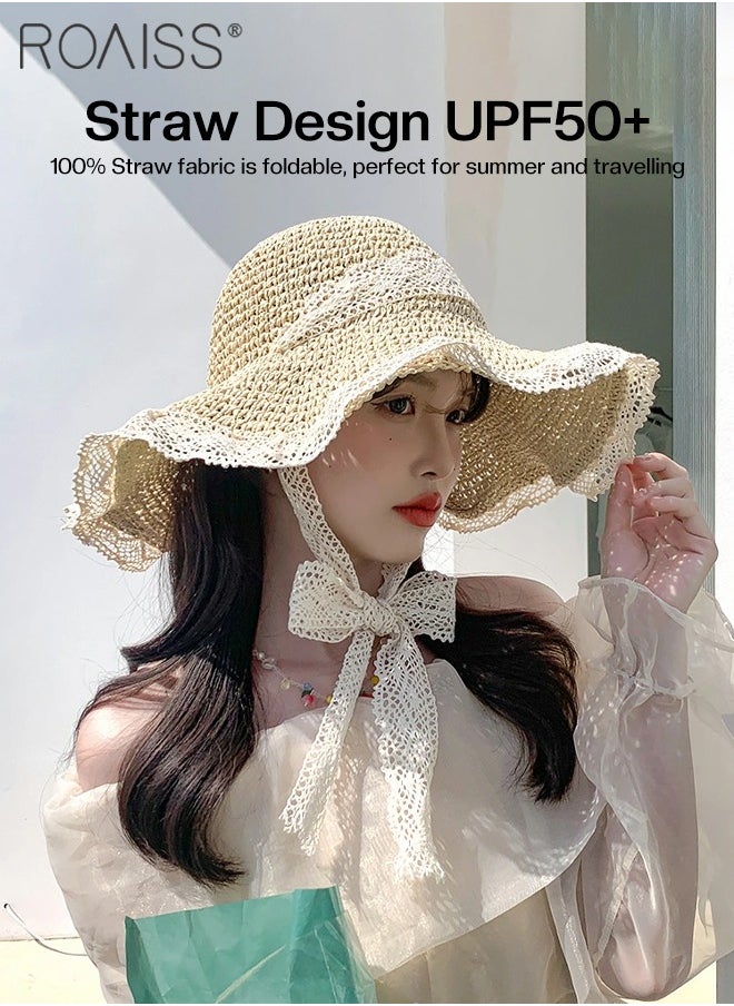 roaiss - Women’s Straw Hat Collapsible Straw Hat with Lace Summer Hollow Bow Sun Hat Lightweight and Portable Sun Shade Travel UV Protection Beach Hat - Image 1