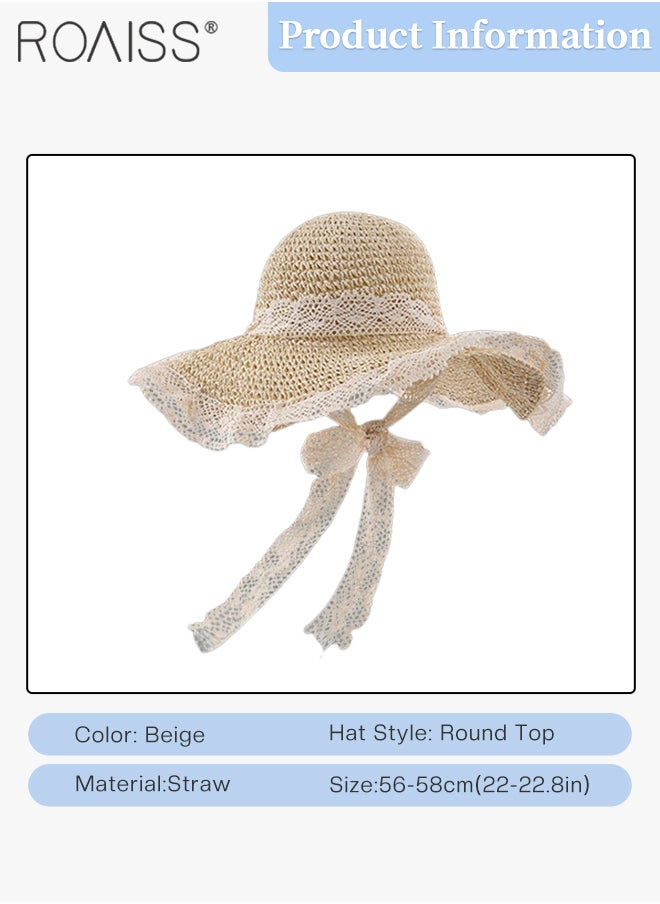 roaiss - Women’s Straw Hat Collapsible Straw Hat with Lace Summer Hollow Bow Sun Hat Lightweight and Portable Sun Shade Travel UV Protection Beach Hat - Image 1