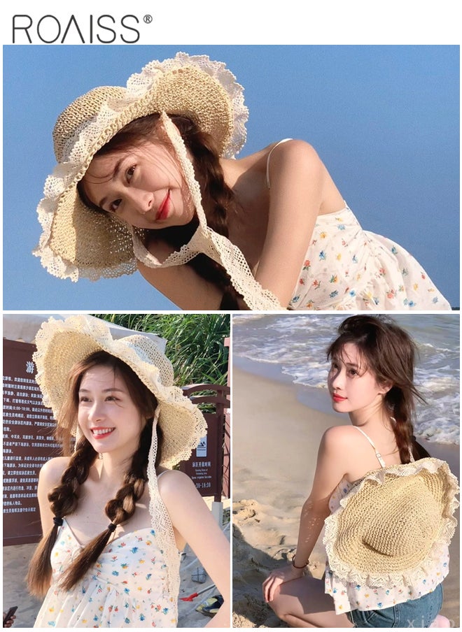roaiss - Women’s Straw Hat Collapsible Straw Hat with Lace Summer Hollow Bow Sun Hat Lightweight and Portable Sun Shade Travel UV Protection Beach Hat - Image 1
