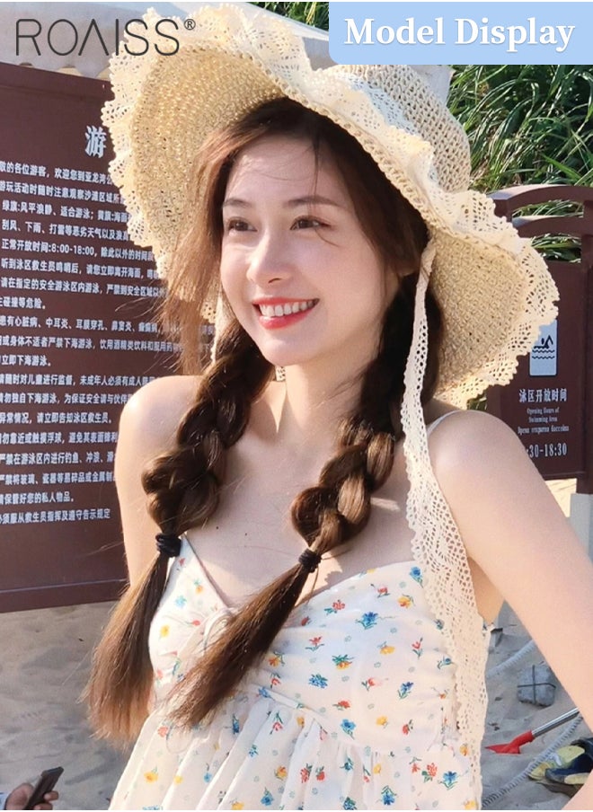 roaiss - Women’s Straw Hat Collapsible Straw Hat with Lace Summer Hollow Bow Sun Hat Lightweight and Portable Sun Shade Travel UV Protection Beach Hat - Image 1