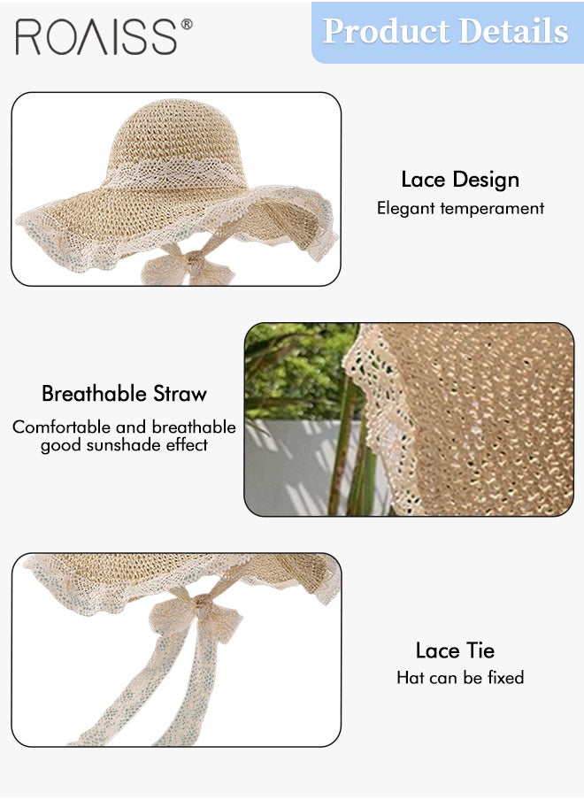 roaiss - Women’s Straw Hat Collapsible Straw Hat with Lace Summer Hollow Bow Sun Hat Lightweight and Portable Sun Shade Travel UV Protection Beach Hat - Image 1