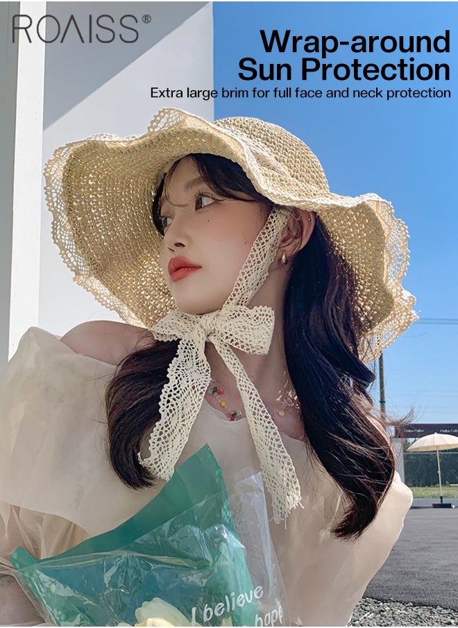roaiss - Women’s Straw Hat Collapsible Straw Hat with Lace Summer Hollow Bow Sun Hat Lightweight and Portable Sun Shade Travel UV Protection Beach Hat - Image 1