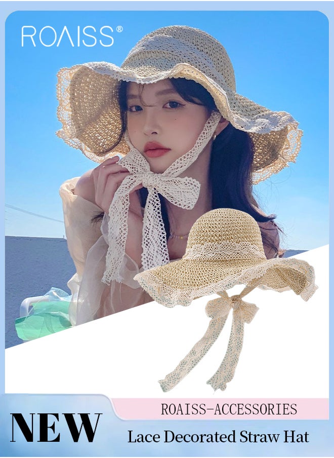 roaiss - Women’s Straw Hat Collapsible Straw Hat with Lace Summer Hollow Bow Sun Hat Lightweight and Portable Sun Shade Travel UV Protection Beach Hat - Image 1